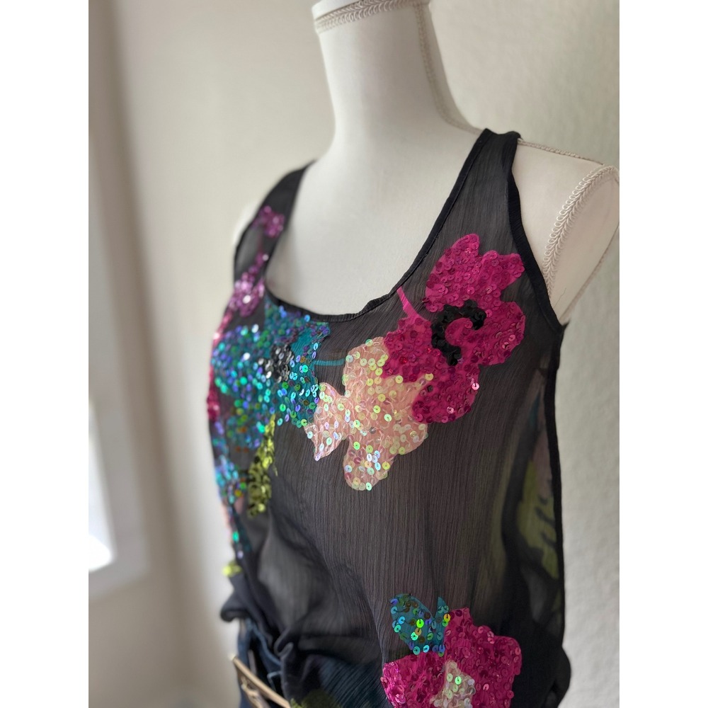 Candie's Y2K McBling Floral Sequin Sheer Tank Top Black Small